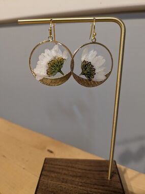Handcrafted White Daisy Resin Hoop Earrings with Gold Accent